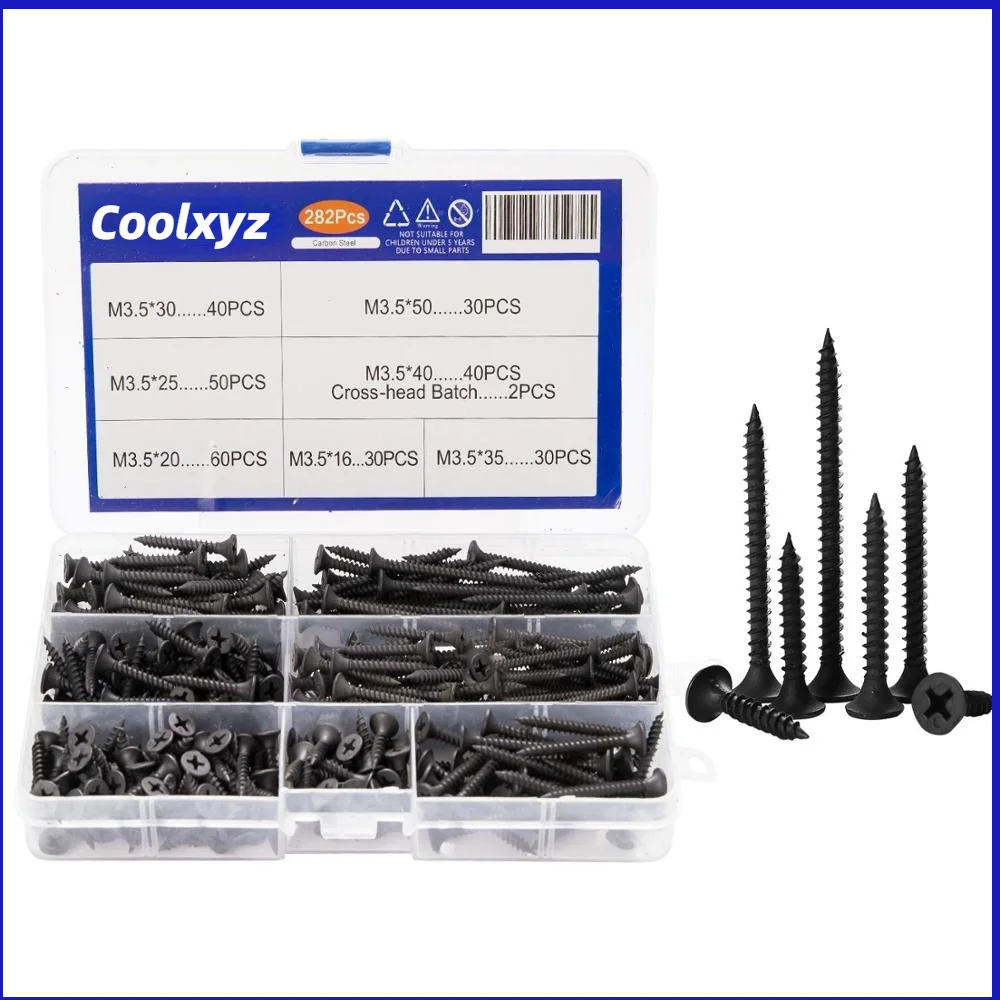 

282pcs/set Drywall Screw M3.5 Wood Screws Counter Sunk Flat Head Tapping Screws with Cross Recessed Carbon Steel Philips Screws