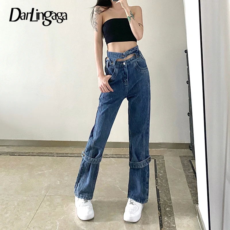 

Джинсы Darlingaga женские с высокой талией, модные повседневные однотонные облегающие капри из денима со шнуровкой и вырезами в Корейском стиле