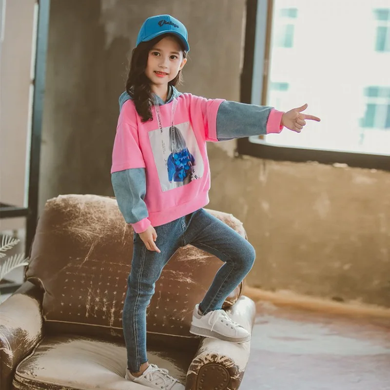 2019 осенний костюм-свитер для девочек спортивный розовый хлопковый топ с