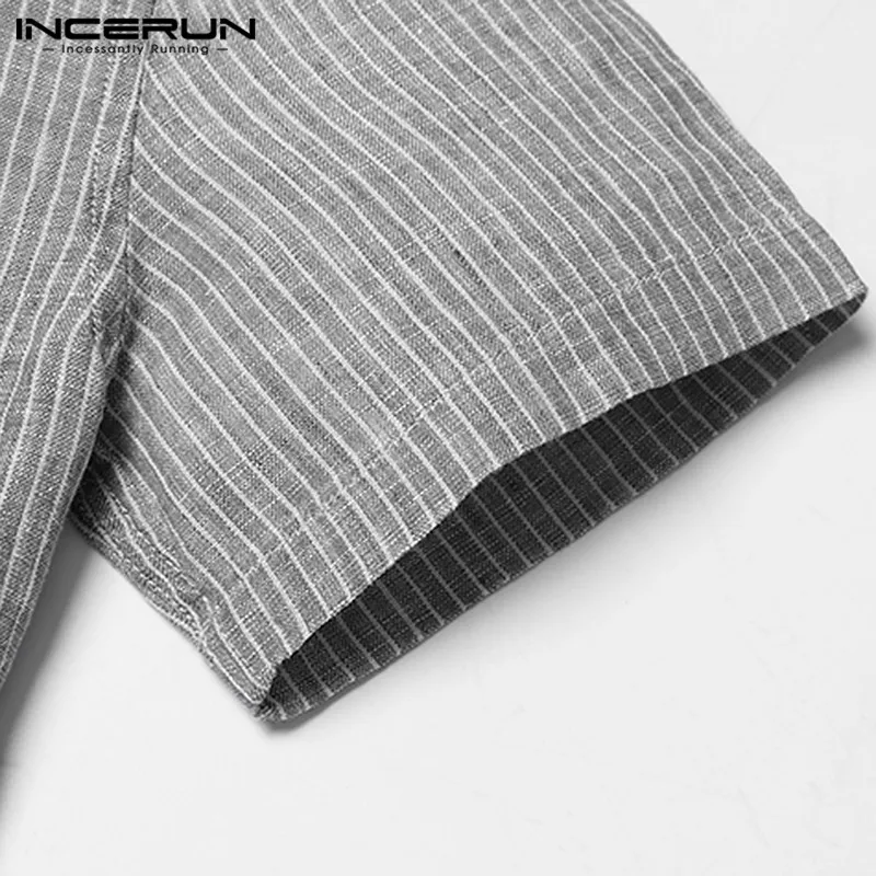 

INCERUN Men Leisure Striped Short Sleeve Shirts Man Vintage Round Neck Blouse Summer Solid Color Comfortable Tops Streetwear 5XL