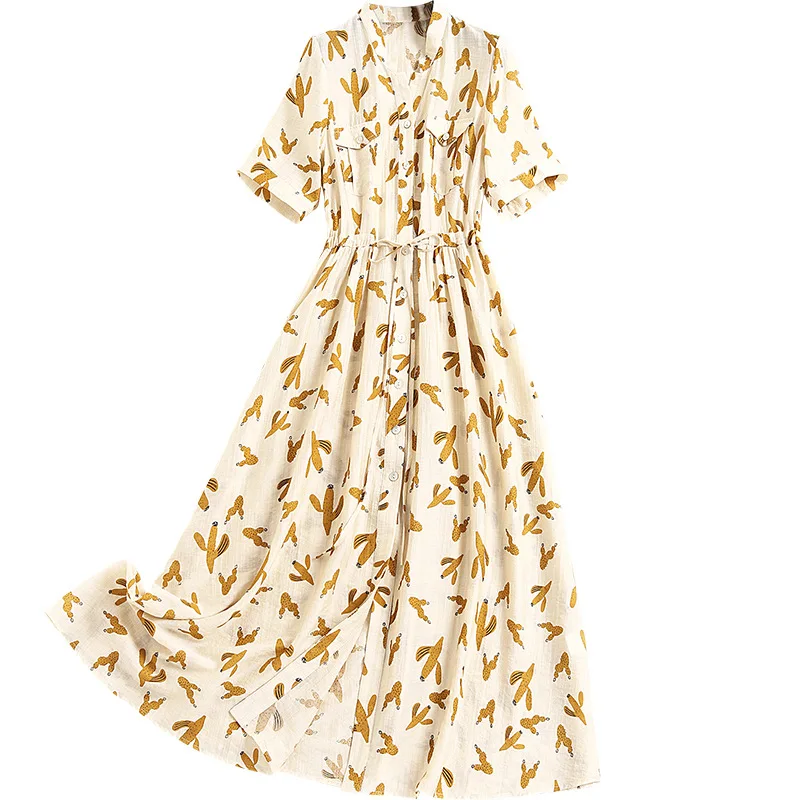 

SHUCHAN 100% Cotton Cactus Print Summer Dress Women Back To The Basics A-LINE Ankle-Length V-Neck Short Sleeve