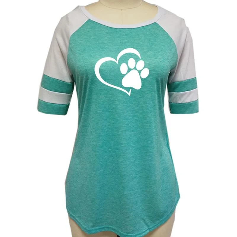 New Fashion Love Dog Paw Print Top Shirt Women Plus Size Raglan Pink T-shirt Tumblr Cropped Cute