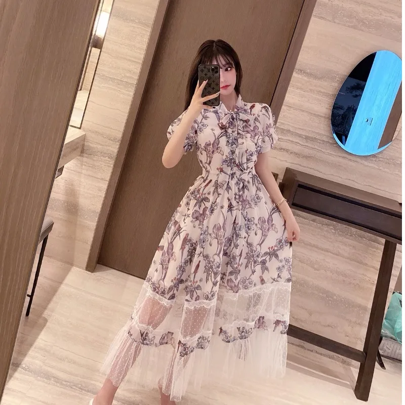 

Elegant Floral chiffon patchwork mesh dress summer women's ladies High waist short sleeve printed bow Lace-Up Ankle-Length dress