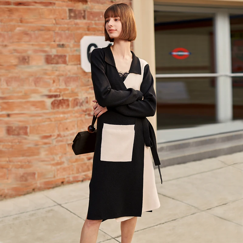 Женский шерстяной кардиган с вставками AEL черно-белый Повседневный Кардиган