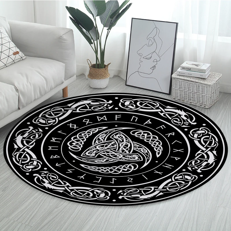 Круглый ковер FYMX в стиле ретро с рисунком животных нескользящий черной серии для