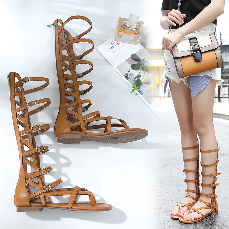 

New Summer Roman Sandals Sandals Feminine Flip-flop Flat Heel Hollow High-tube Zipper Sandals Women Thigh High Boots