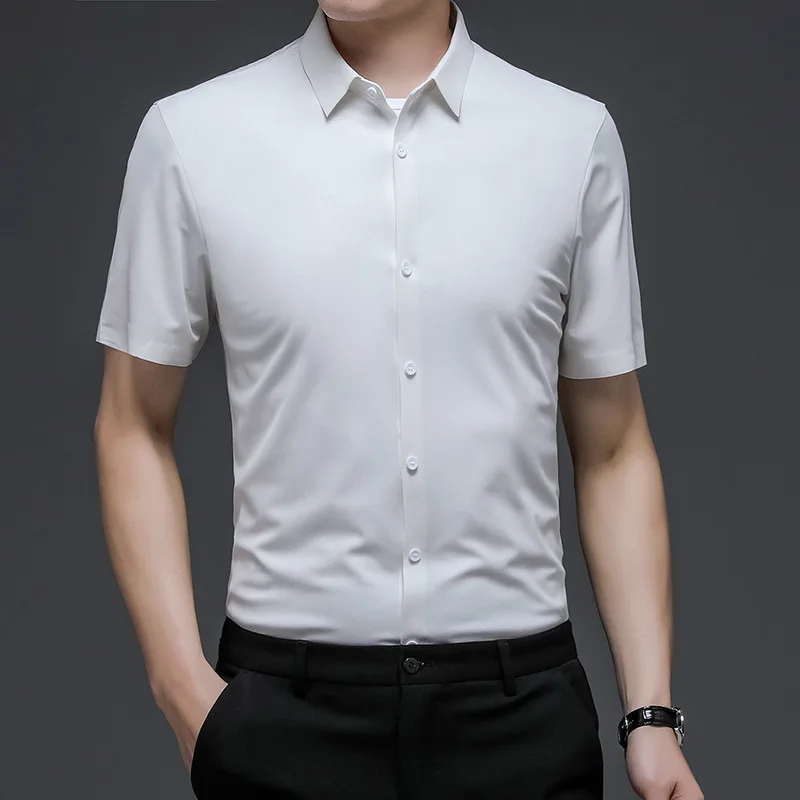 

Top grade men's solid color ice silk short sleeve shirt 2021 New Youth stretch shirt inch shirt half sleeve inch shirt