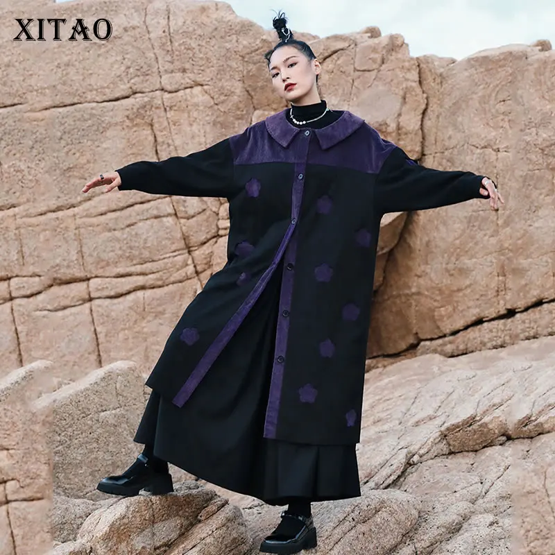 

XITAO, однотонный однобортный тренч для женщин, осень 2021, новые модные свободные пальто с отложным воротником и длинными рукавами, WLD6523