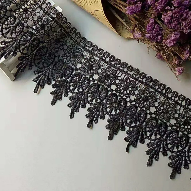 2 ярда черные цветы вышитая кружевная бейка лента для Аппликации Ткань шитье
