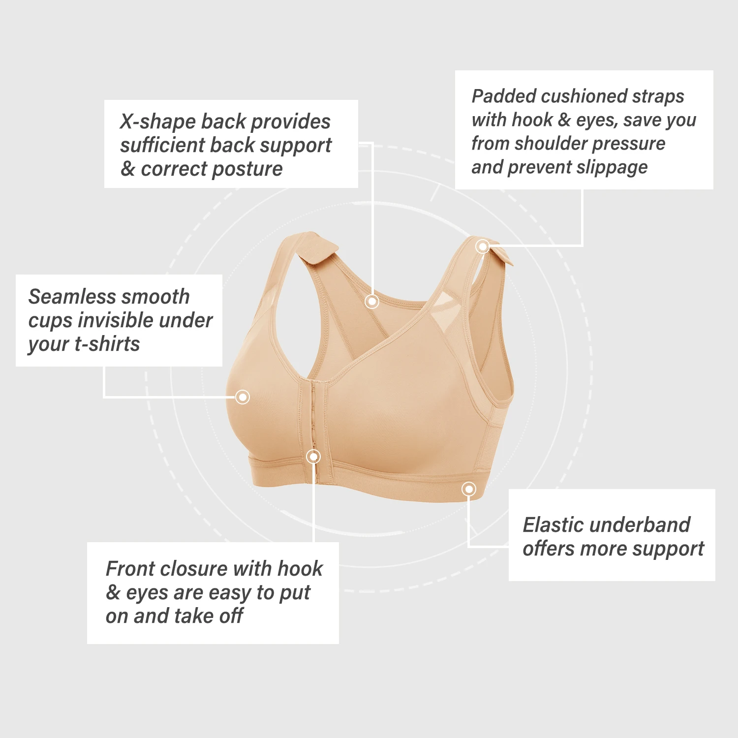 Women's Full Coverage Front Closure Bra X-shape Back Non Padded Wireless Posture T-shirt Contour