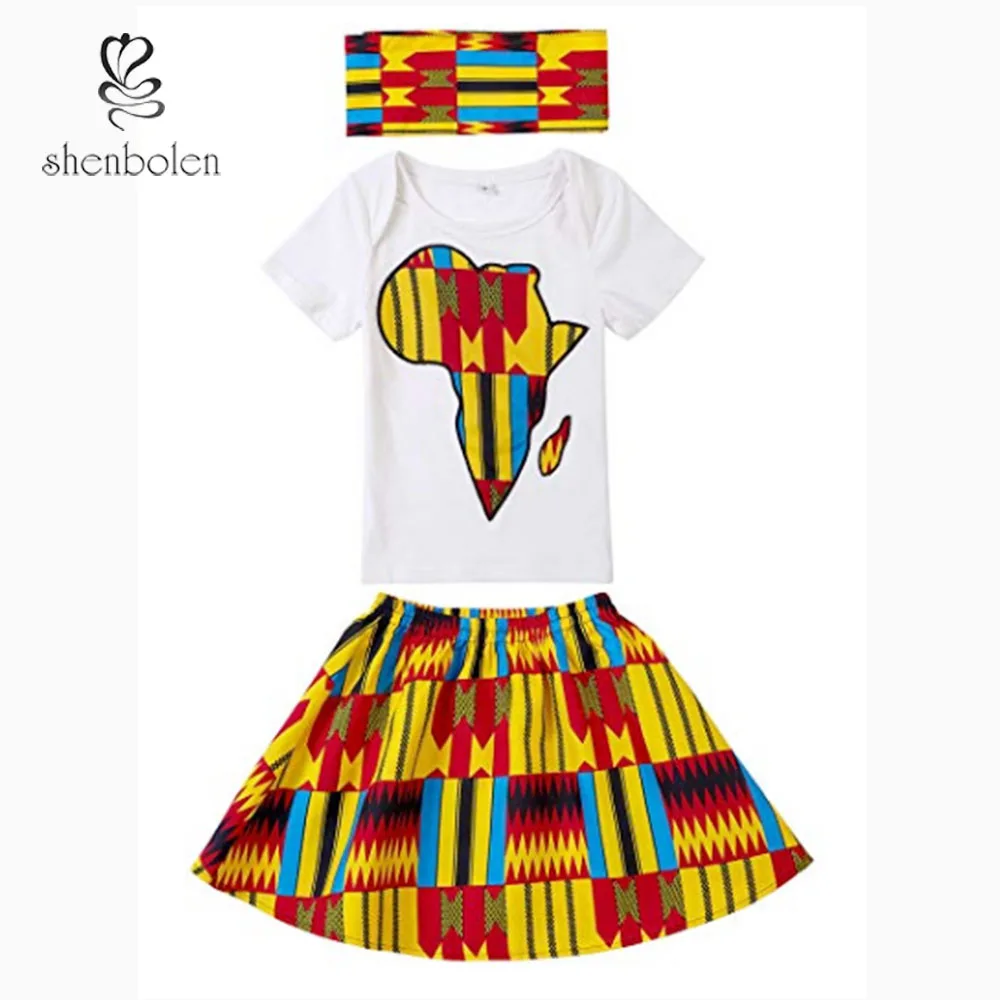 color1 Африканская одежда для детей, хлопковая футболка+ юбка+ повязка на голову, комплект, африканская детская одежда африканская Дашики, модная детская одежда - Цвет: color1