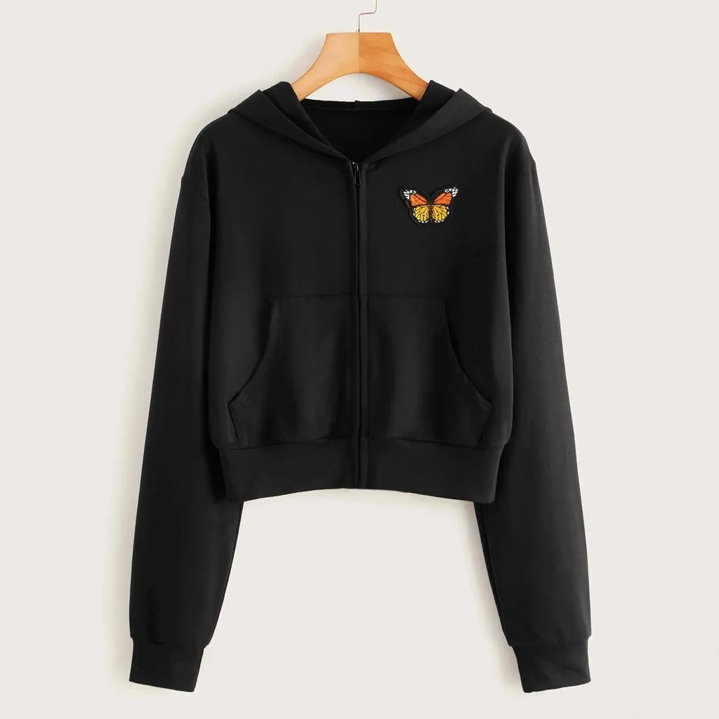 

Hoodie Women Cropped Hoodies Sweatshirt Streetwear Women Casual Solid Long Sleeve Zipper Pocket Shirt Hooded Sweatshirt Tops