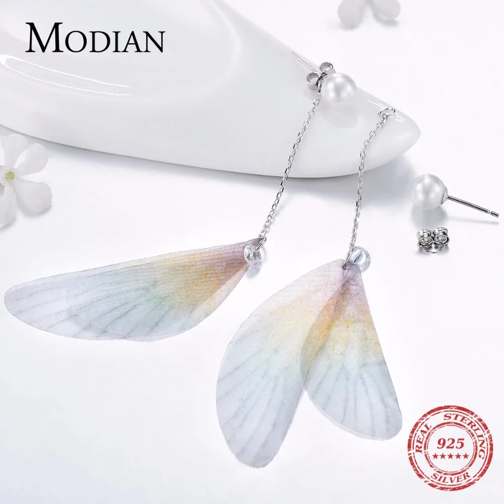 Modian чистый 925 стерлингового серебра Красочные перо Висячие серьги модные