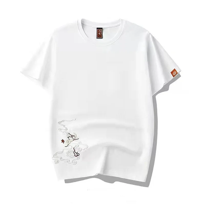 

2021 New Spring/Summer T-Shirt Mens Loose Short Sleeve Male Phoenix Embroidered Cotton Chinese Style Tees Black White Streetwear