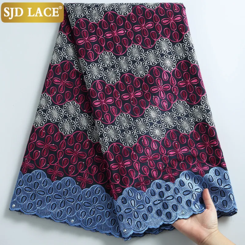 

SJD LACE Embroidery African Dry Lace Fabric 5Yards Swiss Voile Lace In Switzerland With Stones Cotton For Nigerian Wedding A2265