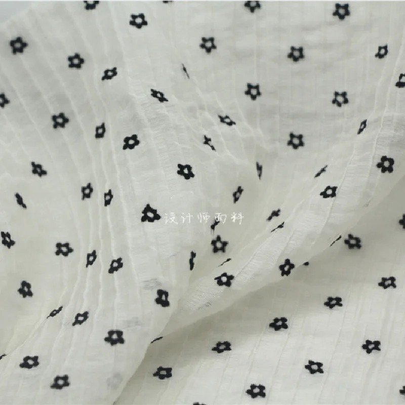 

150cm Breadth Thin Translucent Flocking Daisy Floral White Vertical Stripe Three-Dimensional Silk Hemp Tencel Fabric