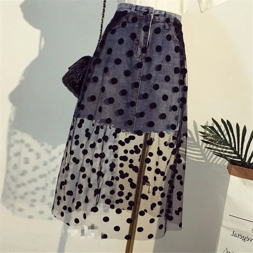 

2020 Female Top Cotton Casual Patchwork A-line Lace Mid-calf Empire Skirts Autumn New Wave Point Mesh Stitching Skirt Woman