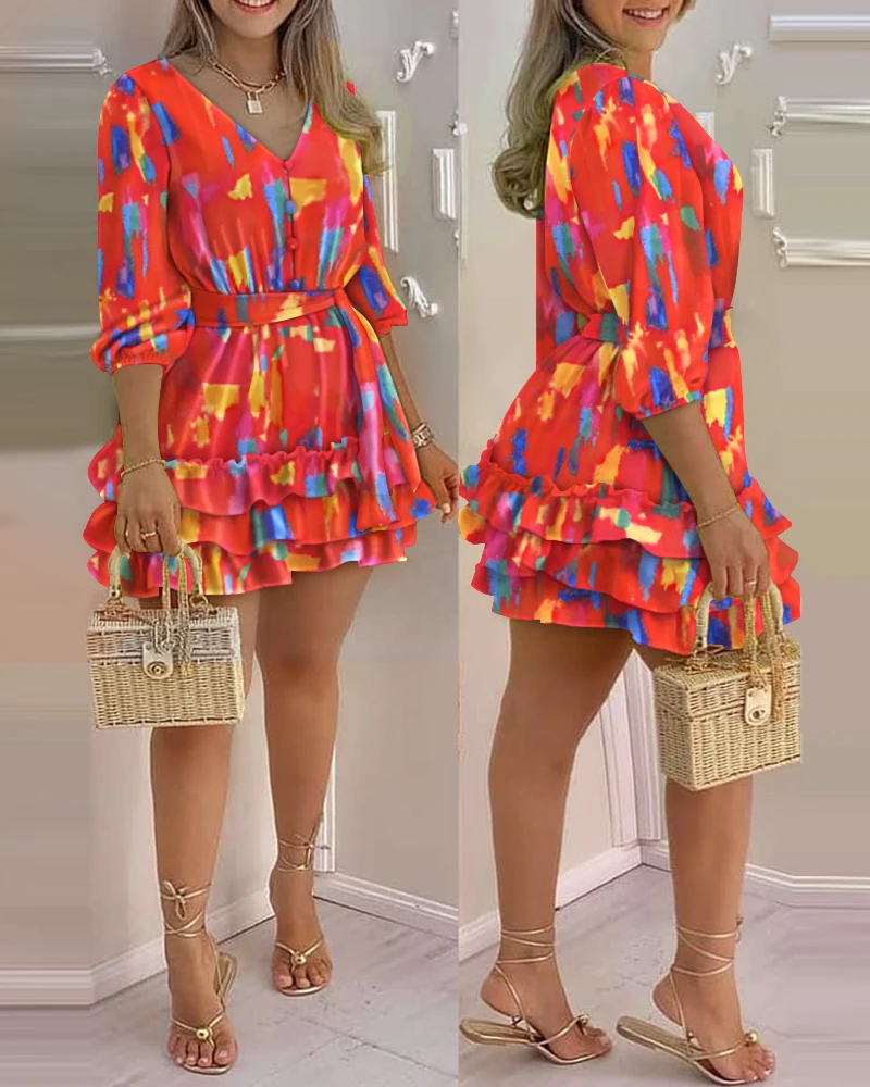 

Women Summer Casual All Over Print V-Neck Layered Ruffles Frill Hem Mini A-Line Dress Elegant Streetwear Sexy Robes Fashion 2021