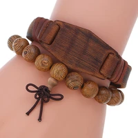 2pcsset mens wooden bead bracelet fashion retro cowhide bracelet diy combination set bracelet
