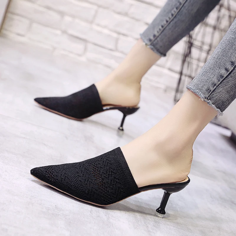 Pointed Toes Woven Knit Fashion Women Half Med Heels Stilettos Mules Loafer Casual Feminine Slippers Slides Sandalias Shoe E629 | Обувь