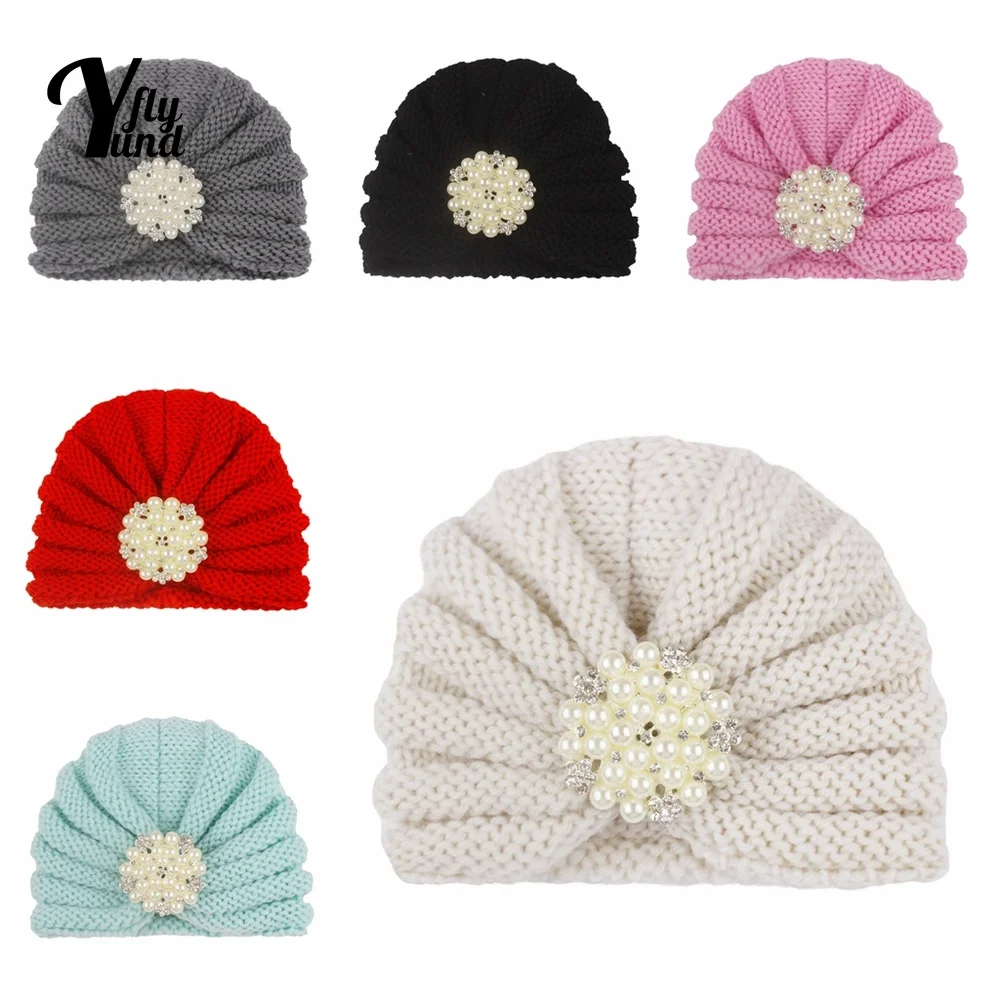 

Вязаные шерстяные шапки yunfly Boutique, стразы с жемчугом, однотонные полосатые головные уборы для маленьких девочек, аксессуары для волос