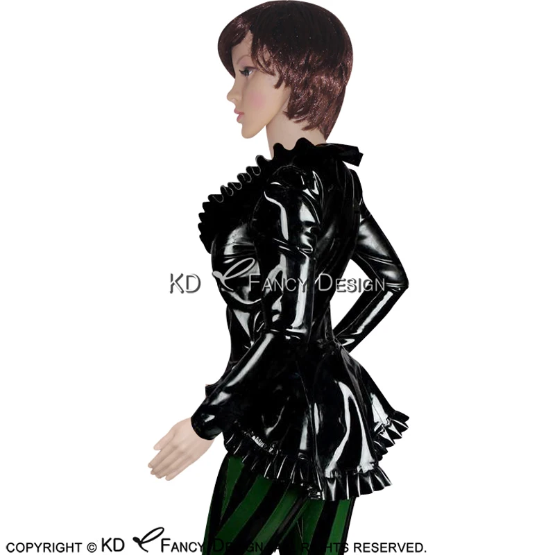 Черный и зеленый сексуальный латексный пиджак Блузка оборками с застежкой