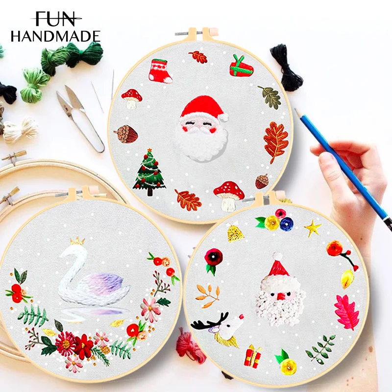 

Xmas Creative DIY Embroidery Kit With Hoop Christmas Style Santa Claus Swan Gift Needlework For Room Decor Friend Gift