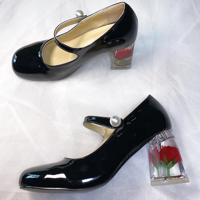 

2020 Flower Crystal High Heel Shoes Woman Round Toe Pearl Black Leather Mary Jane Shoes Female Party Shoes