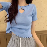 women casual o neck short sleeve summer tops japan style chic loving heart hollow out knitted t shirts female sweet cute tees