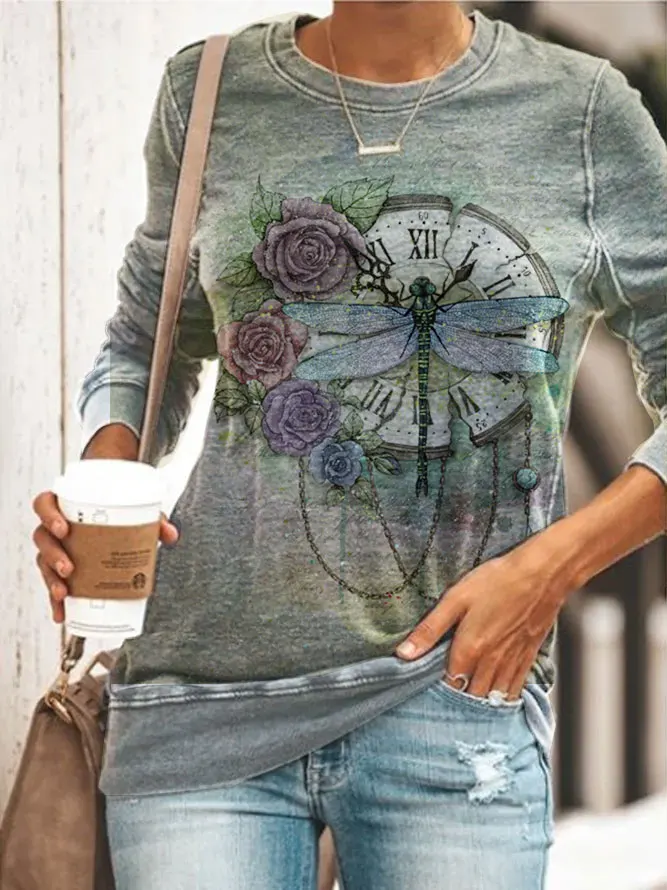 Винтажные часы со стрекозой 3D печатная Футболка для женщин осенняя футболка с