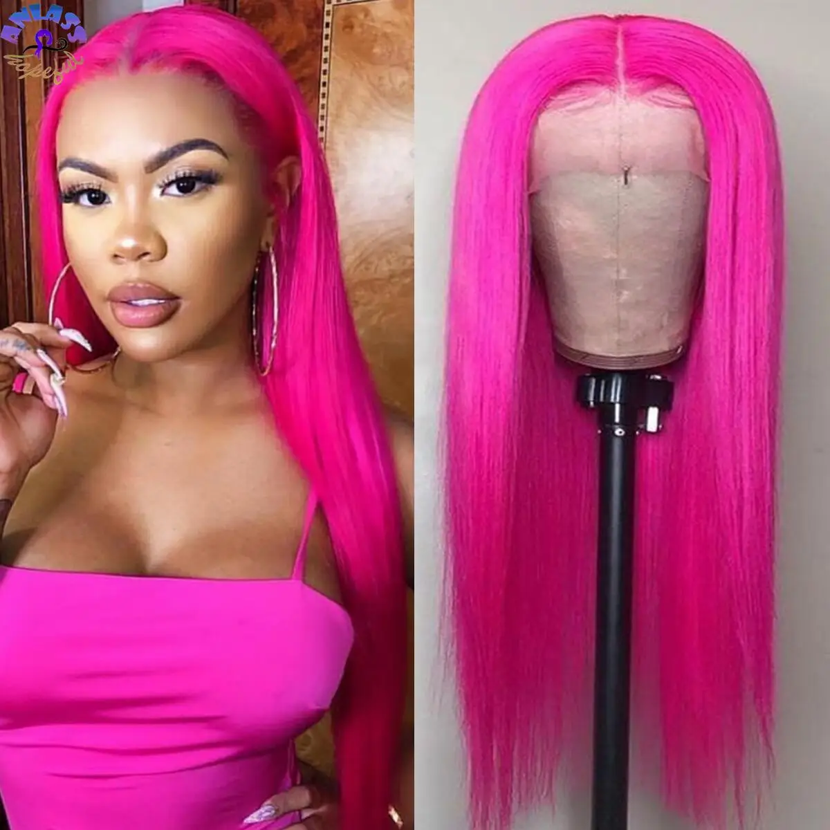 Парик розовый длинный прямой 13x3 синтетические кружевные передние парики для