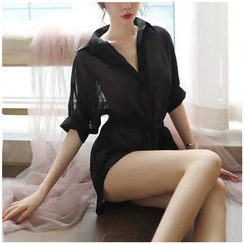 

New erotic lingerie European-style female and American transparent ladies chiffon shirt pajamas service home temptation suit