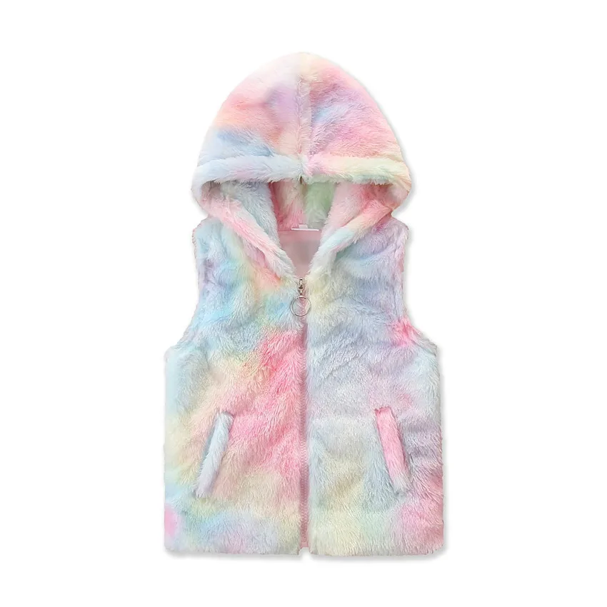 

Autumn and Winter Lovely Girl Pink Zipper Cardigan Hooded Vest Colorful Tie Dyed Velvet Coat Boutique Children Clothing