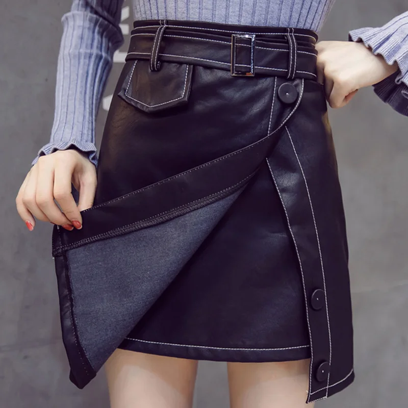 Женская миди юбка искусственная кожа черная высокая талия сексуальная скошенная