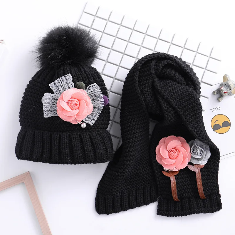 Winter Knitted 3-8 Years Fur ball beanies sets velvet wool kids Girls Knit fur hats winter 2 pcs baby girl scarf hat set HT19046 | Детская