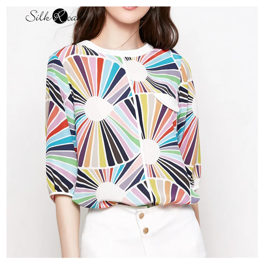 

Silviye Contrast geometric printing silk shirt women's silk half sleeve round neck top T-shirt spring and autumn 2020 new