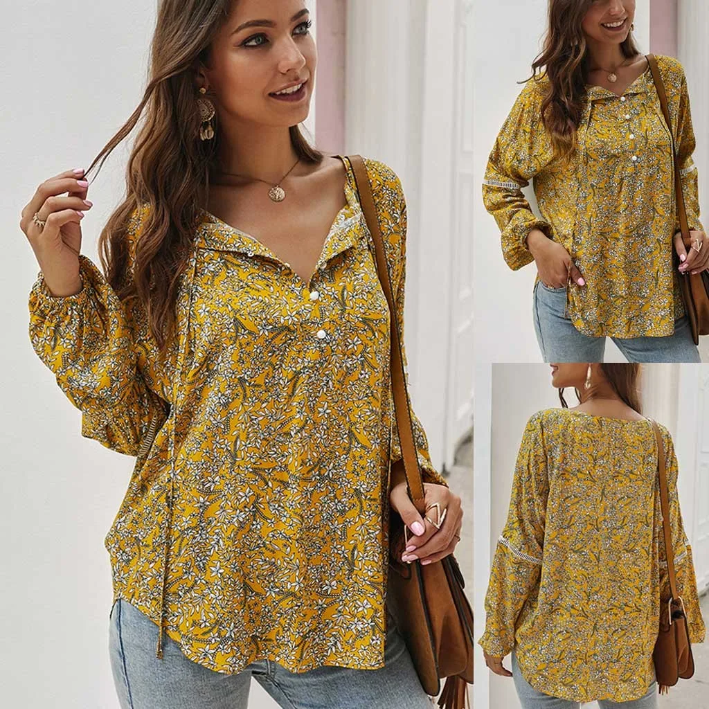 

Fashion Flower Print Shirt Tops Women Floral V-Neck Bandage Elegant Long Sleeve Casual Loose Blouses Street Pullover Shirts