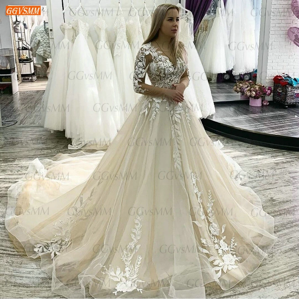 Romantic Boho Champagne Wedding Dress Long Sleeves Lace Appliqued Tulle Princess Gowns 2020 Custom Made Bride Dresses | Свадьбы и