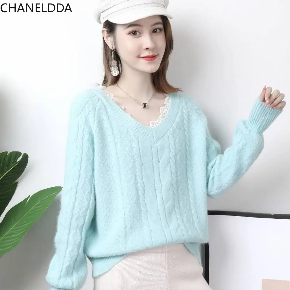 

Sweater Women 2021 Spring Autumn EA Winter Korean Stitching Lace V Neck Loose Slim Warm Base Knitted Sweet Female Pullover Tops