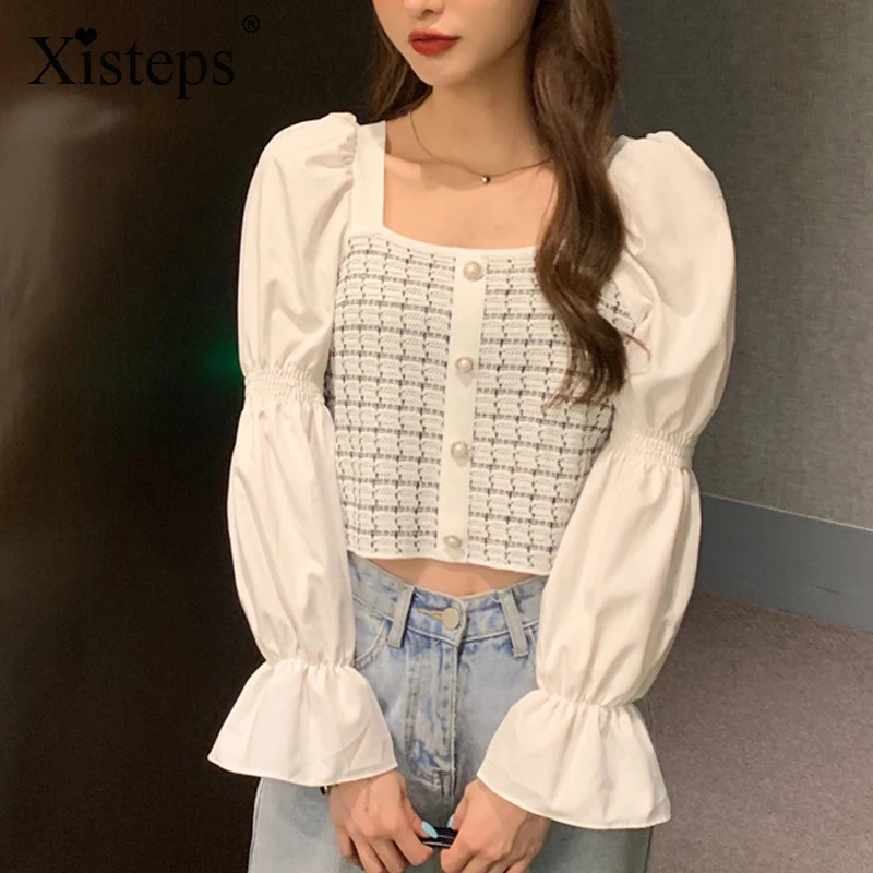 

Женский трикотажный пуловер Xisteps, винтажный черный и белый короткий свитер в клетку с длинными расклешенными рукавами и квадратным воротни...