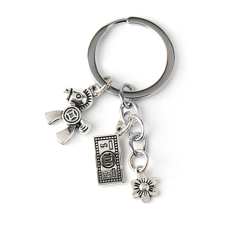 

Fortune Keychains Vintage Horse Dollar Flowers Pendant Lucky Hanging Chain Charm Keychain Unique Design Fashion Coin Car KeyRing