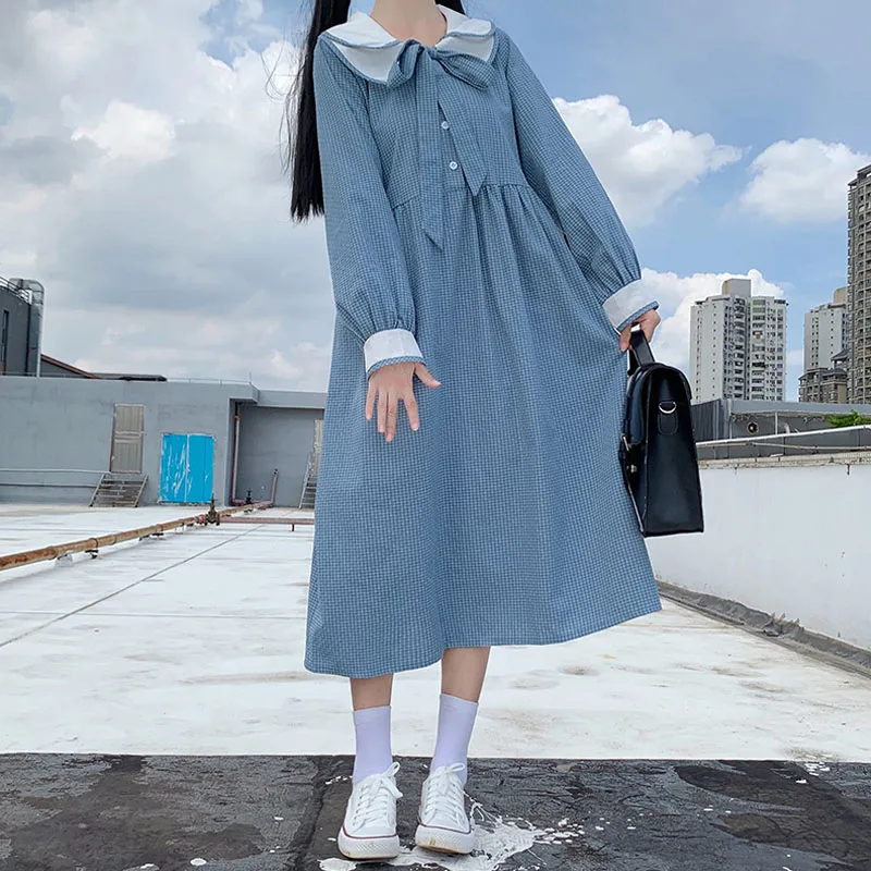

New 2020 Autumn Casual Preppy Style Japanese Chic Sweet Kawaii Lolita Style Plaid Navy Collar Doll Skirt Small Fresh Women Dress