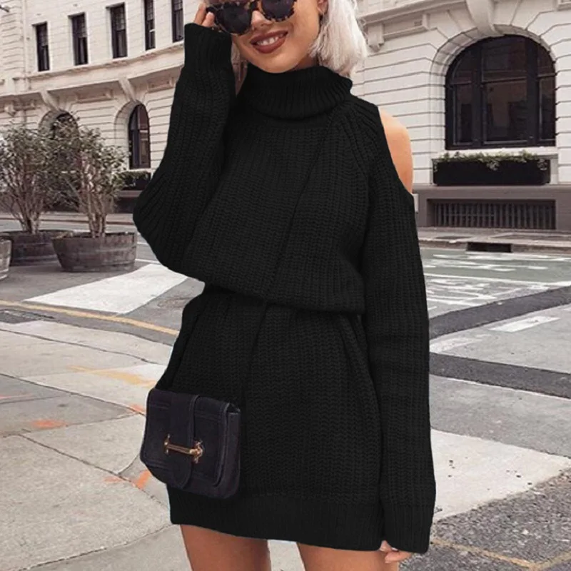 

Women Turtleneck Off Shoulder Knitted Sweater Dress Autumn Winter Women Solid Slim Plus Size Long Pullovers Knitting Jumper 2021