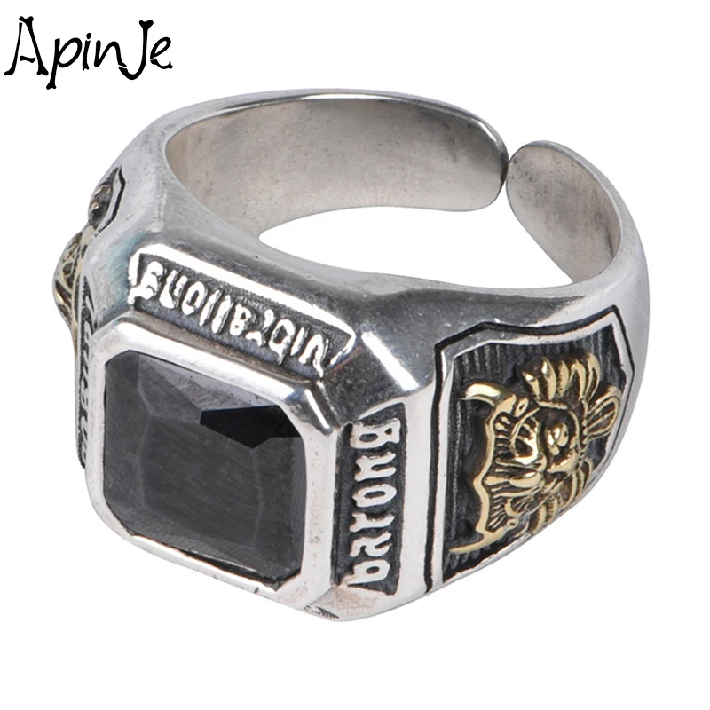 

Мужское кольцо с черным камнем Apinje, винтажное байкерское кольцо из серебра 925 пробы с синтетическим цирконием, ювелирные изделия