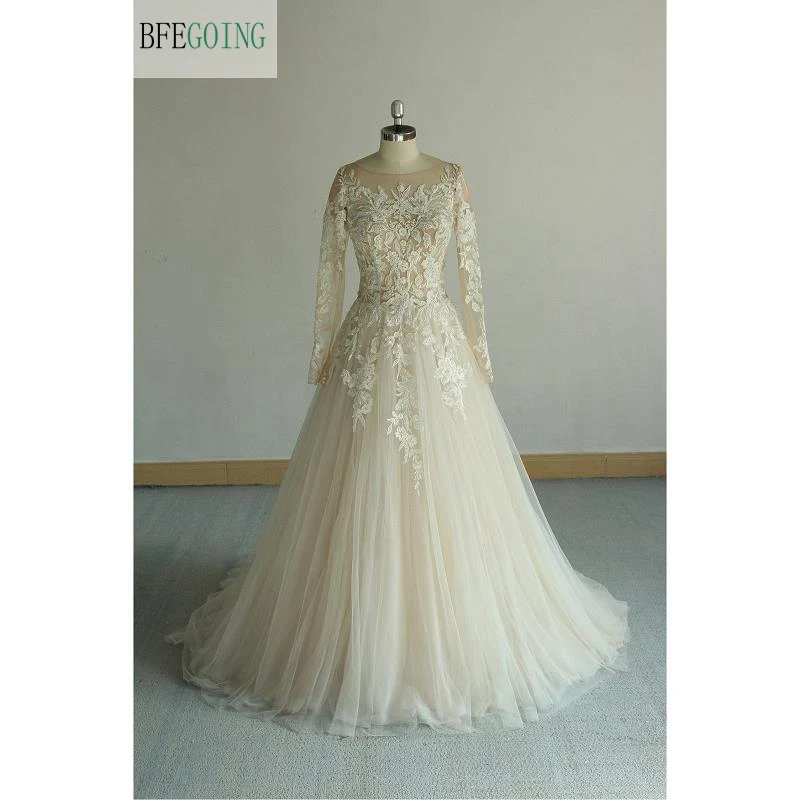 

Champagne Tulle Lace Appliques Long Sleeves Floor-Length A-Line Wedding Dress Chapel Train Custom Made