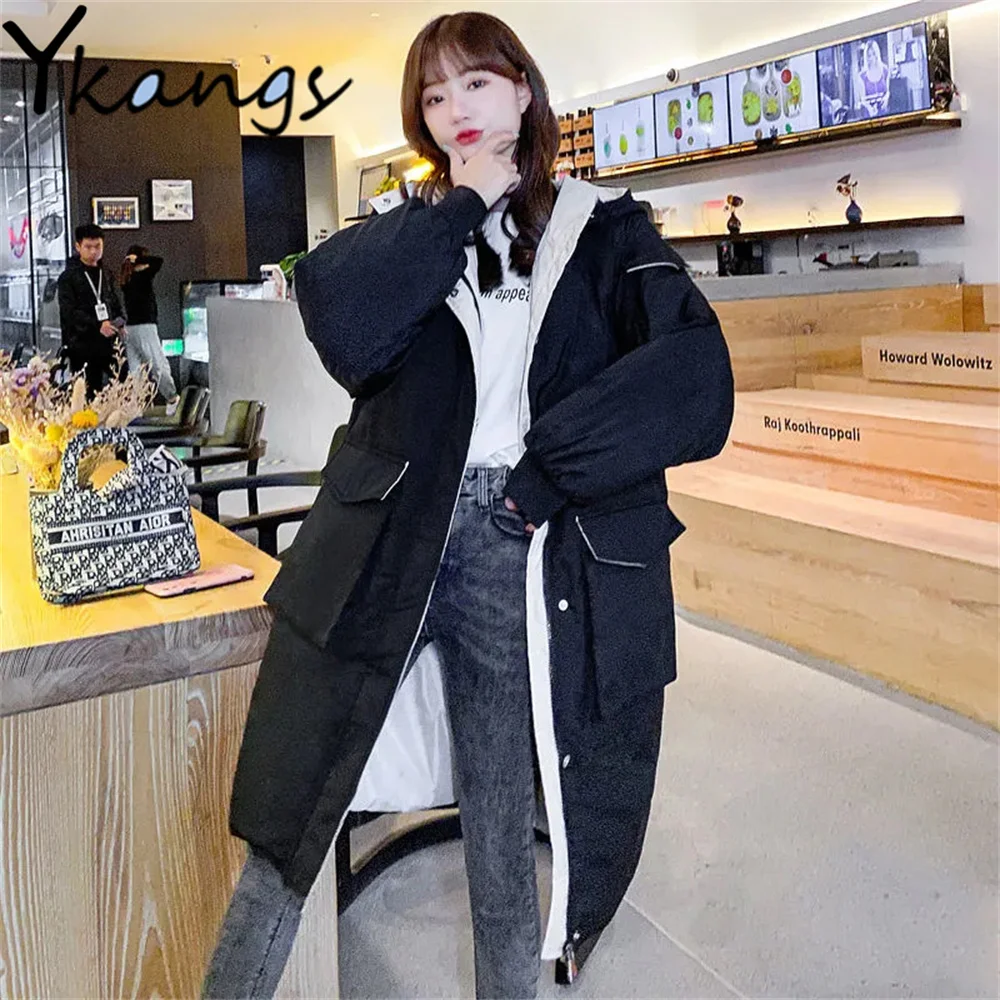 

Винтажная Женская парка в стиле Харадзюку, свободная зимняя длинная хлопковая одежда в стиле бойфренд, корейское теплое пальто на молнии с ...