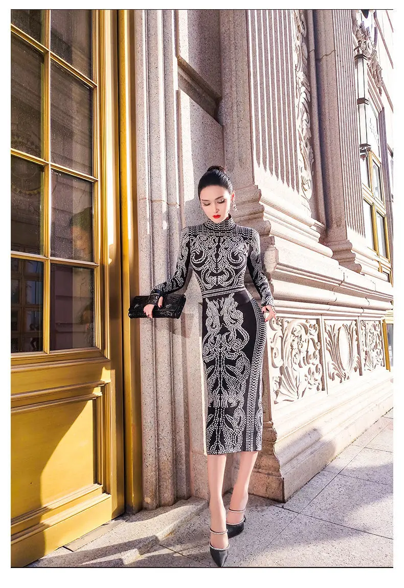 

Women 2021 Spring Autumn Print Midi Dress Female Turtleneck Long Sleeve Bodycon Dresses Ladies Casual Slim Party Vestidos D72