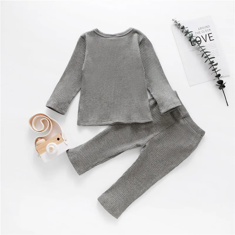 

2020 Autumn Winter Kids Girls Boys Sleepwear Sets Solid Knit Long Sleeve Pullover Tops Pants 3 Colors 0-5Y
