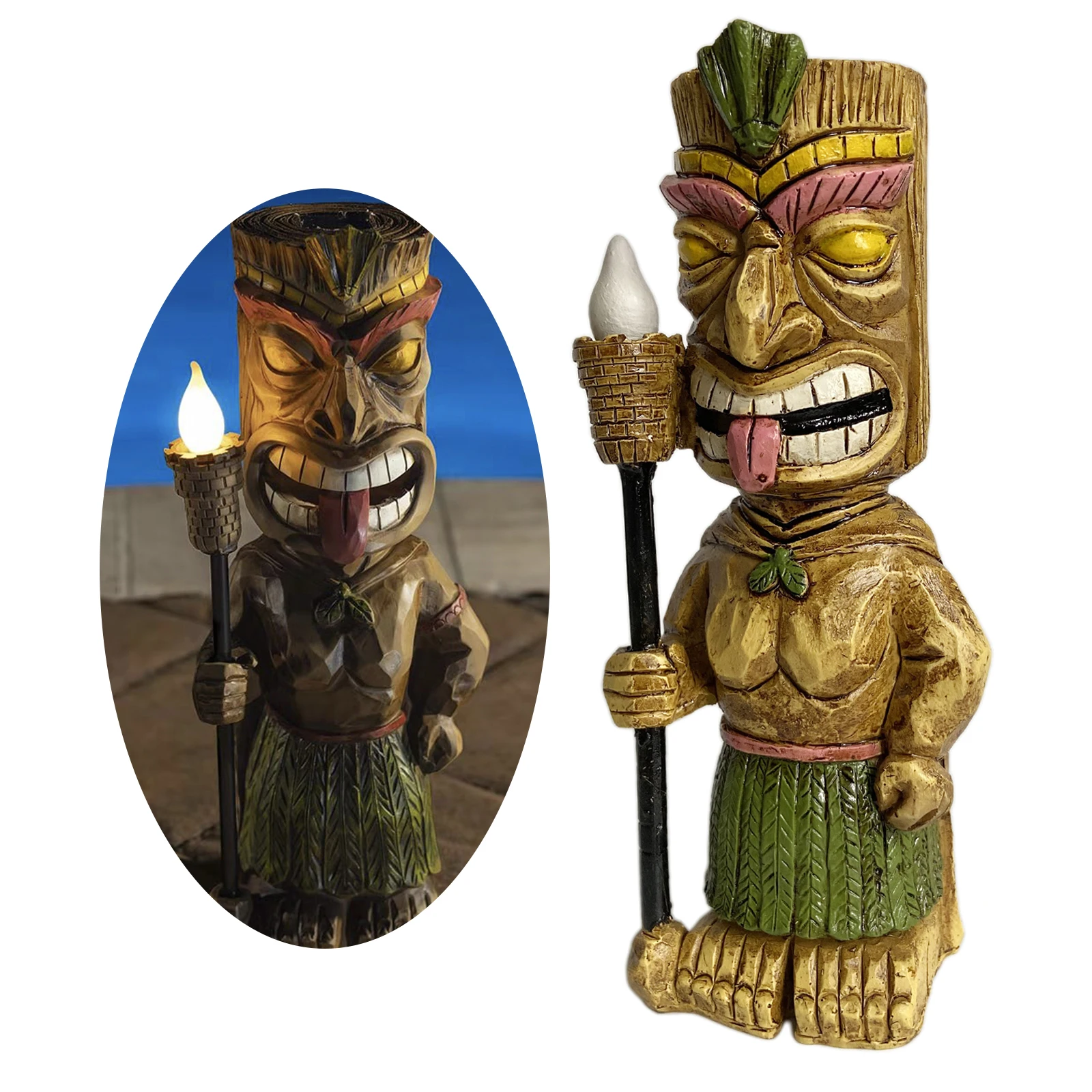 

Solar Garden Tiki Statue Outdoor Figurine Decor with LED Light Flickering Torch Yard Lawn Home Art Decoration