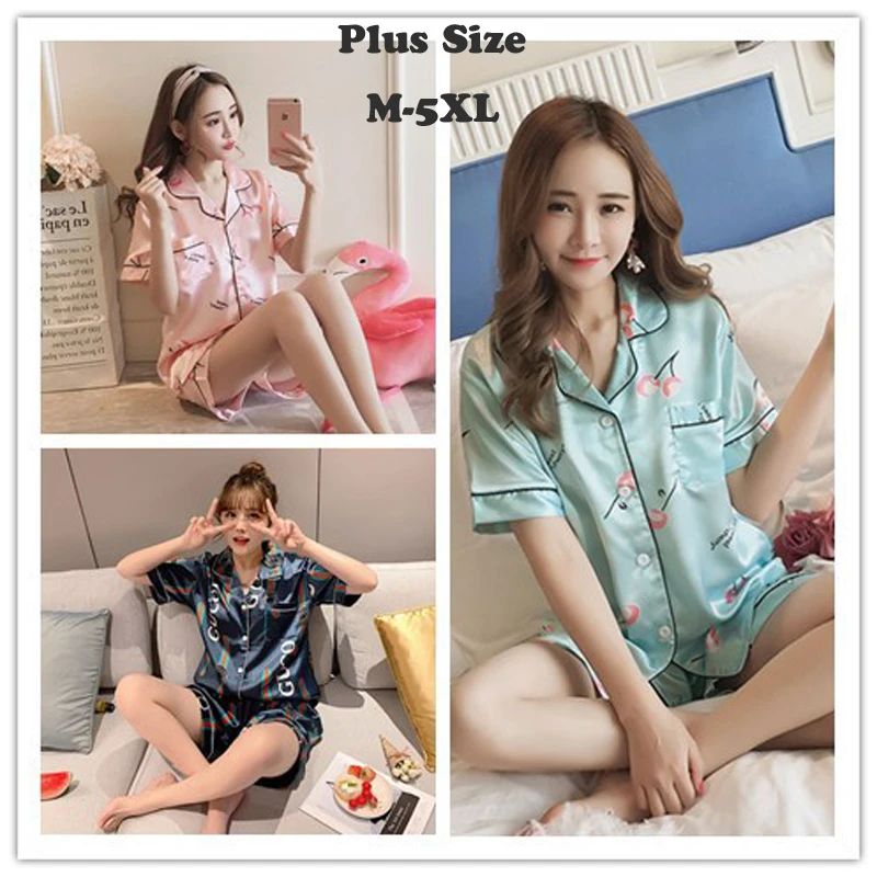 

Plus Size M-5XL Summer Silk Satin Women's Pajamas Set Short-Sleeved Shorts Nightwear Casual Pyjama Sexy Cute Print HomeWear Suit